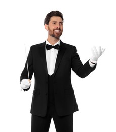Photo of Happy professional conductor with baton on white background