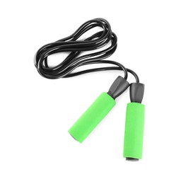 Black skipping rope with green handles isolated on white, top view
