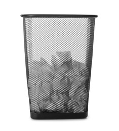 Basket with crumpled paper on white background