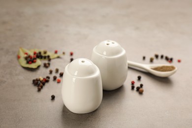 Photo of White ceramic salt and pepper shakers, bay leaves with spoon on light table, closeup
