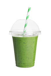 Photo of Plastic cup of detox smoothie on white background