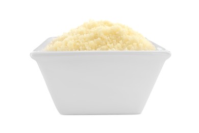 Square bowl with grated parmesan cheese isolated on white
