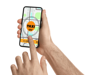 Man ordering taxi with smartphone on white background, closeup