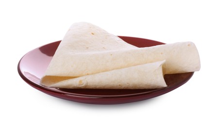 Photo of Plate with delicious Armenian lavash on white background
