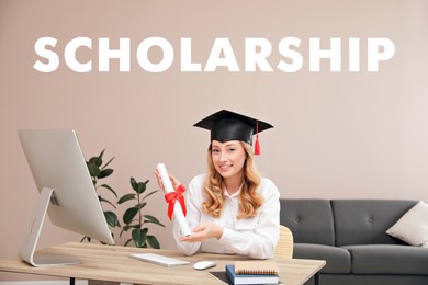 Scholarship concept. Happy student with graduation hat and diploma at home