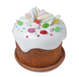 Photo of Traditional Easter cake decorated with sprinkles, jelly beans and marshmallows isolated on white