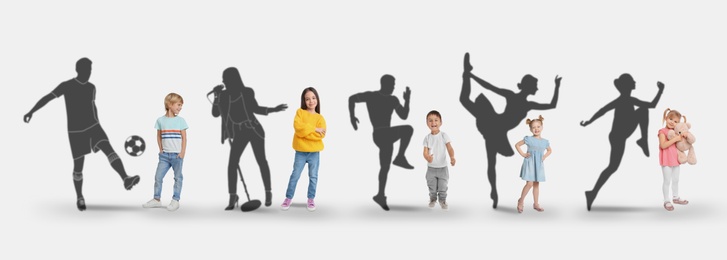 Image of Childhood dreams. Little kids against silhouettes of soccer player, singer, runners and ballet dancer 