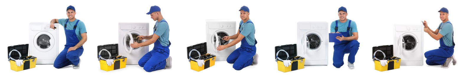 Collage with photos of plumber repairing washing machine on white background. Banner design