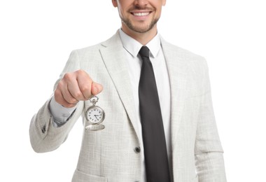 Happy businessman holding pocket watch on white background, closeup. Time management