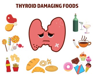 Illustration of thyroid and different products harmful for it on white background. Medical poster