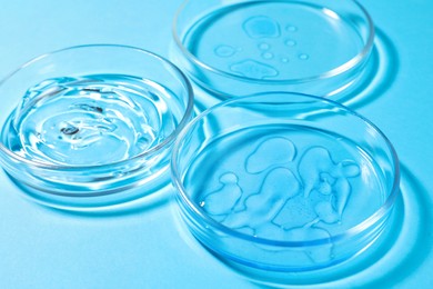 Photo of Petri dishes with liquids on light blue background, closeup