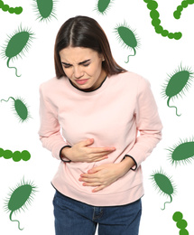 Young woman suffering from digestive disorder and bacteria illustration on white background. Food poisoning