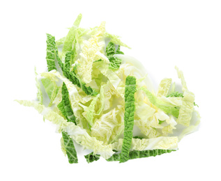 Photo of Chopped fresh savoy cabbage isolated on white, top view