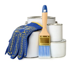 Closed blank cans of paint, gloves and brush isolated on white