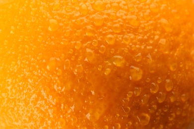 Delicious unpeeled orange with water drops as background, closeup
