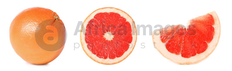 Whole and cut ripe juicy grapefruits on white background, collage. Banner design