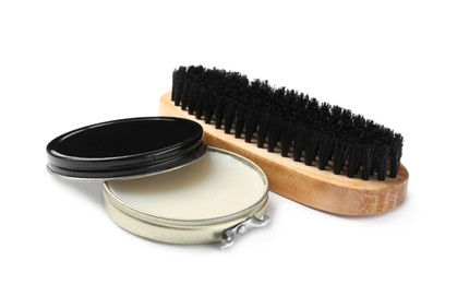 Wax polish with brush on white background. Shoe care accessories