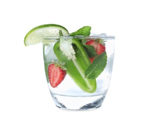 Photo of Spicy cocktail with jalapeno, strawberry, lime and mint isolated on white