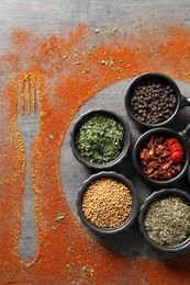 Photo of Different spices, silhouettes of fork and plate on grey table, flat lay