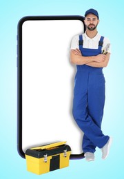 Repair service - just call. Professional repairman, toolbox and smartphone with blank screen on cyan background, space for design