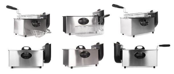 Image of Set with modern deep fryers on white background. Banner design