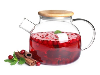 Tasty hot cranberry tea with mint and cinnamon in teapot on white background