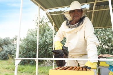 Beekeeper with smokepot near hive at apiary