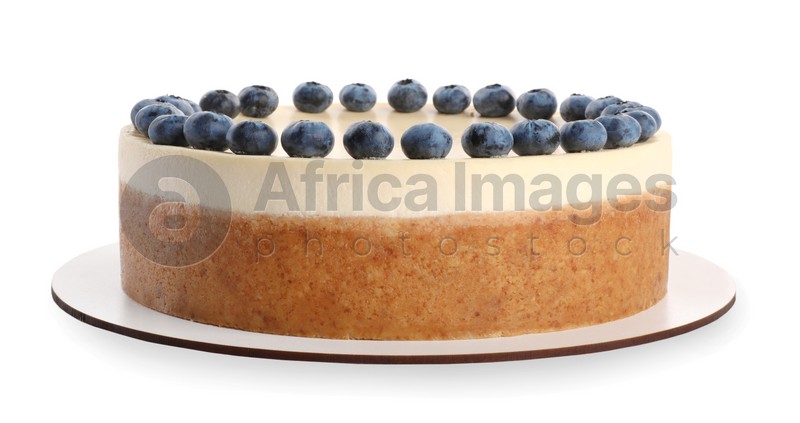 Delicious cheesecake with blueberries isolated on white