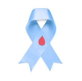 Photo of Light blue ribbon with paper blood drop on white background, top view. Diabetes awareness