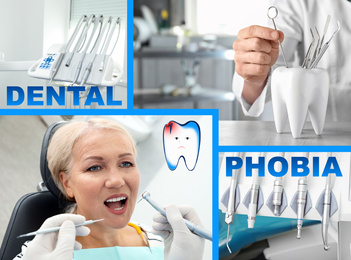 Dental phobia concept. Collage with photos of patient and doctor