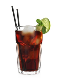 Glass of Rum and Cola cocktail on white background. Traditional alcoholic drink