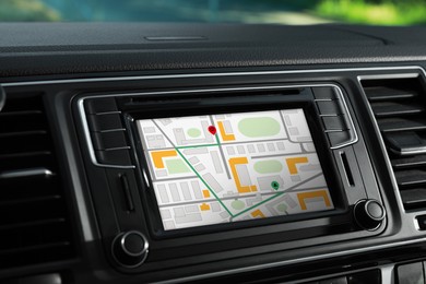 Image of Closeup view of dashboard with navigation system in modern car