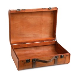 Opened brown stylish suitcase on white background