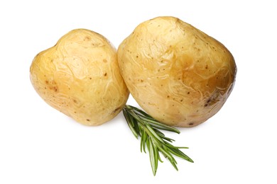 Tasty whole baked potatoes with rosemary on white background