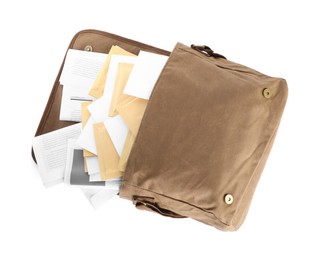 Brown postman bag with mails and newspapers on white background, top view