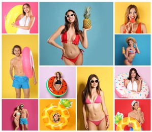 Collage with beautiful photos themed to summer party and vacation. Happy people wearing swimsuits on different color backgrounds
