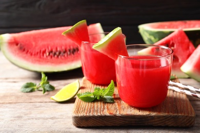 Summer watermelon drink in glasses served on table