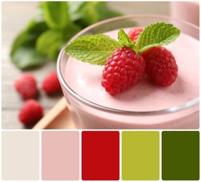 Closeup view of glass with delicious raspberry mousse and color palette. Collage