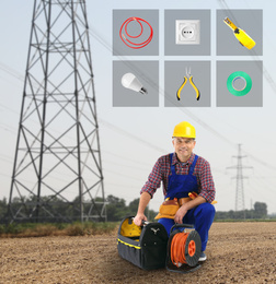 Set of tools over mature electrician in field