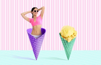 Happy woman in wafer ice cream cone on colorful background. Summer party concept. Stylish creative design