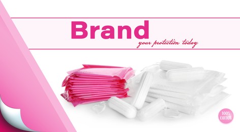 Tampons and menstrual pads on color background, banner design. Mockup for your brand 