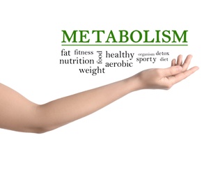 Metabolism concept. Woman presenting scheme on white background, closeup
