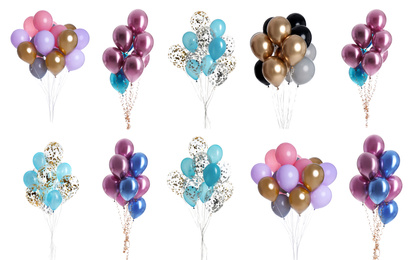 Set of different color balloons on white background