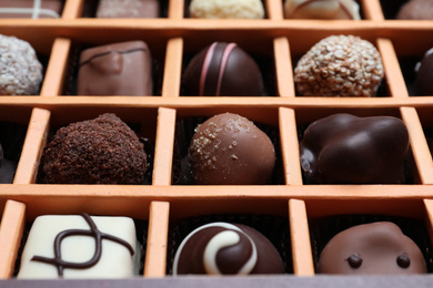 Different delicious chocolate candies in box, closeup
