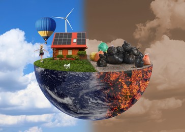 Image of Environmental pollution. Collage divided into clean and contaminated Earth against sky. Halved globe showing modern house with solar panels, wind turbine, woman and green grass on one side and cracked soil with trash bags full of garbage on the other