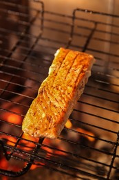 Grilling basket with salmon fillet in oven, closeup