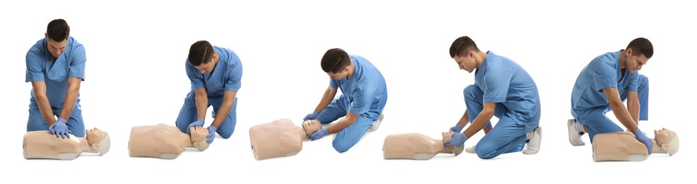 Doctor practicing first aid on mannequin against white background, collage. Banner design