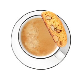 Tasty cantucci and cup of aromatic coffee on white background, top view. Traditional Italian almond biscuits