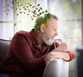 Senior man suffering from dementia at home. Illustration of brain as plant losing leaves