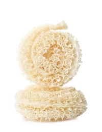 Natural shower loofah sponges on white background